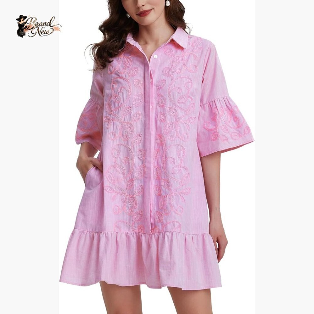 Floral Embroidered Mini Dress With Ruffle Sleeves And Pockets